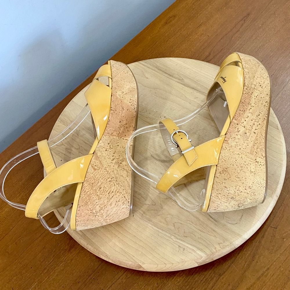 Salvatore Ferragamo Yellow Patent Leather Wedge Sandals Womens 9.5 Italy READ* - Picture 7 of 15